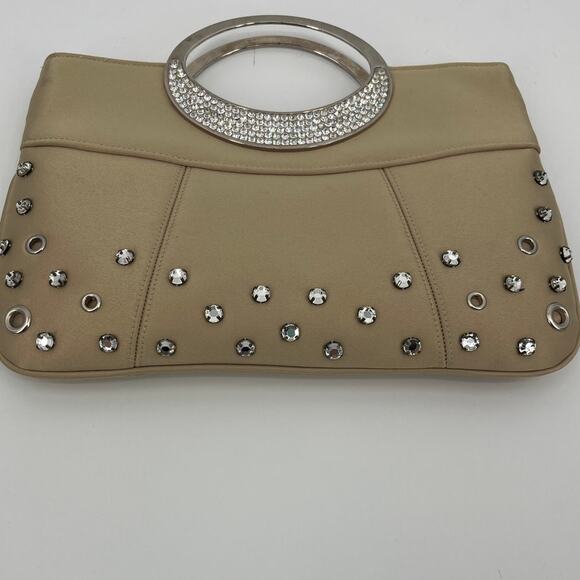 Kate Landry Rhinestones Cocktail Tan Purse Clutch Handle Grommets Strap Retro - Picture 3 of 14